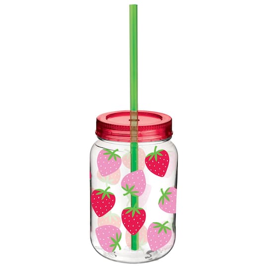 Summer Strawberry Mason Jar Cup with Straw, 6ct.